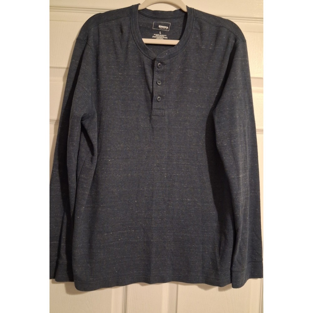 Sonoma Men's Large Thermal Henley Waffle Knit Navy Blue Layering Long Sleeve